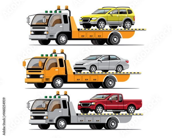Fototapeta  Tow Trucks with Cars Vector Illustration