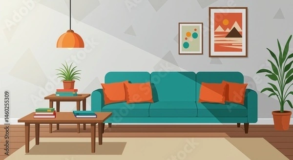 Obraz Stylish modern living room interior with teal sofa and decorative elements