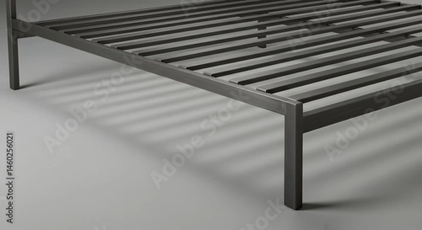 Fototapeta Minimalist Steel Bed Frame Structure Against Soft Grey Studio Background