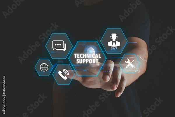 Fototapeta Person hand touch technical support and IT solutions with digital interface technology, business customer service, troubleshooting, network management, software, hardware assistance, remote support.