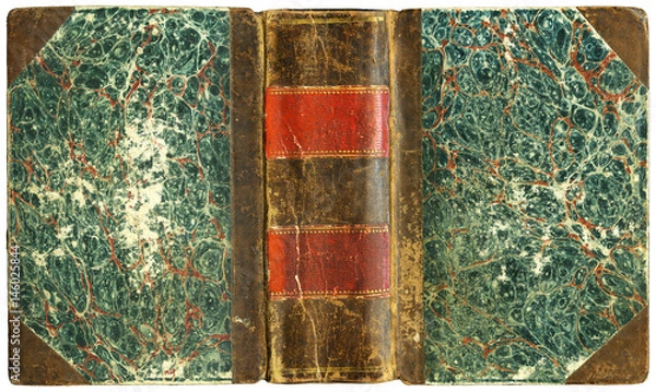 Fototapeta Antique open book cover with distinct leather spine and scratched paper boards - circa 1825