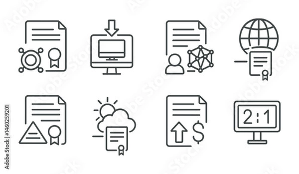 Obraz Line style icons of smart contracts: oracle-connected smart contract, off-chain data fetch, decentralized oracle connection, real-world data trigger, hybrid smart contract, weather data oracle,