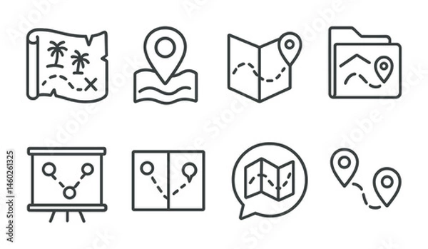 Obraz Line style icons of quest maps: treasure map icon, location badge, map navigation tag, journey file, exploration board, map points chart, travel bubble, quest tracking symbol.