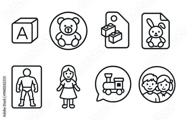 Obraz Line style icons of toys: toy block icon, teddy bear badge, building blocks tag, plush animal file, action figure board, doll chart, wooden toy bubble, childhood symbol.