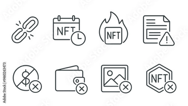 Obraz Line style icons of NFT: broken link icon, expired NFT, burned token icon, metadata error, unsupported file alert, failed transaction icon, wallet connection failed, unverified collection.