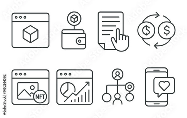 Obraz Line style icons of Web3 apps: decentralized application (dApp) icon, Web3 wallet connection, smart contract interaction, token swap app, NFT marketplace access, DeFi dashboard app, DAO management
