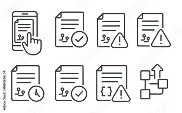 Obraz Line style icons of smart contracts: contract interaction screen, contract approval button, contract rejection warning, pending contract status, executed contract checkmark, failed contract alert,