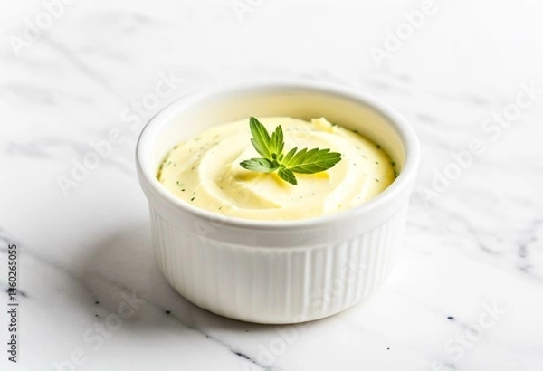 Obraz A white bowl filled with butter and a sprig of rosemary.
