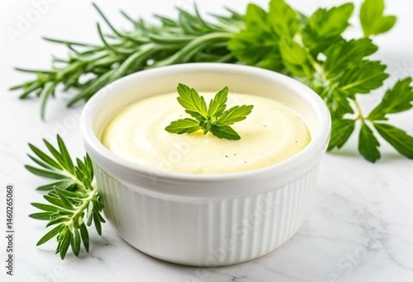 Obraz A white bowl filled with butter and a sprig of rosemary.