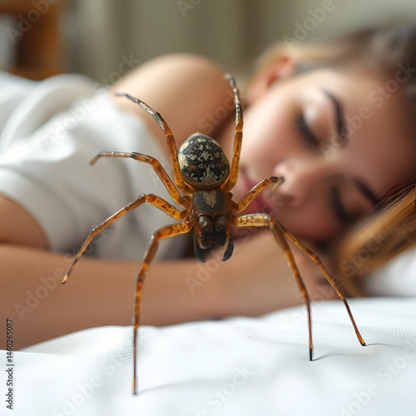 Obraz Brown spider indoors, walking close to a person while she sleeps. Danger, need for detection. arachnophobia concept.