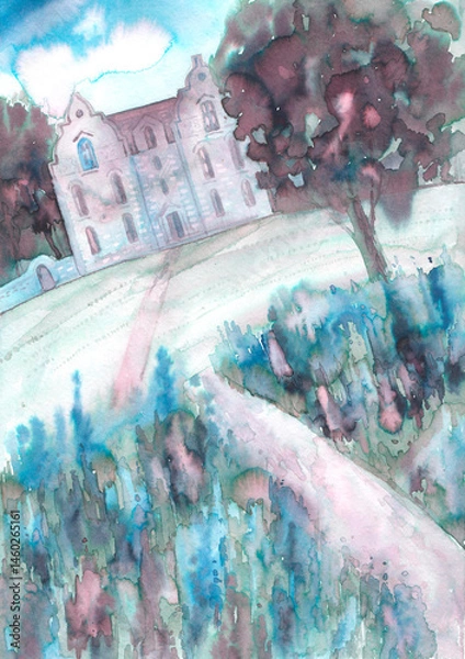 Fototapeta Top view of a country house and fantasy landscape with flowers on a summer day in blue tones is a hand-drawn watercolor painting.