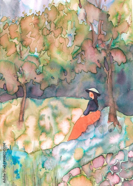 Fototapeta Girl sitting in autumn forest - this landscape is hand painted with ink. Autumn landscape art for graphic design.