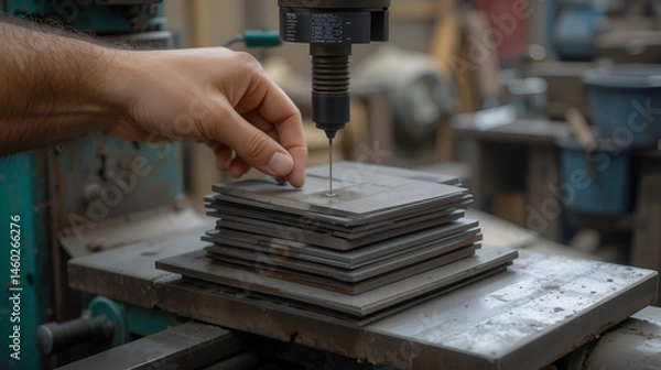 Obraz small stack of steel plates on the bench miller, hand in working