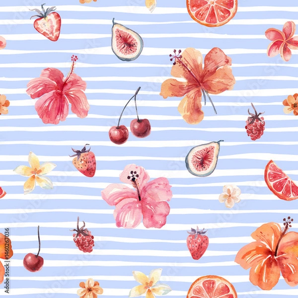 Fototapeta Watercolor seamless pattern with tropical flowers and fruits and on a blue striped pattern background