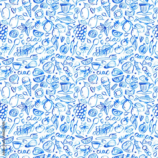 Fototapeta Stylish seamless pattern sketch with Italian summer mood – pasta, citrus, seafood, gelato, coffee and romantic Mediterranean