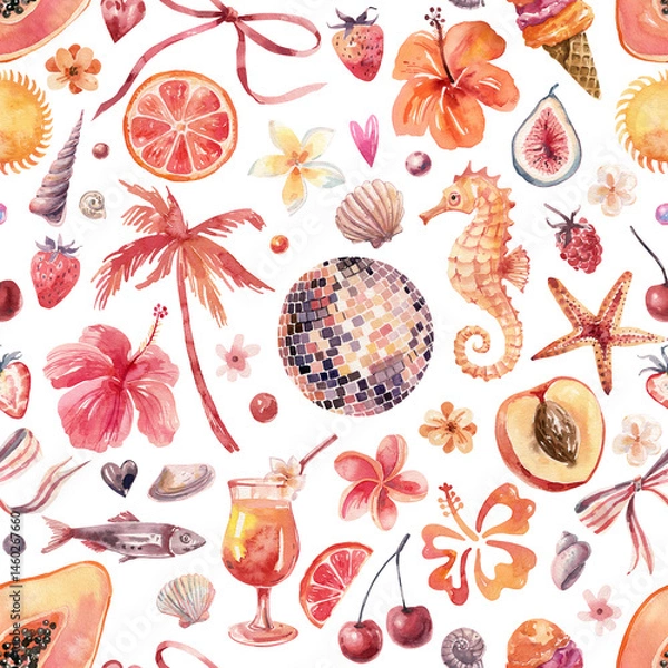 Fototapeta Vibrant summer seamless watercolor with tropical fruits, ocean life and festive details – ideal for fabric and wrapping