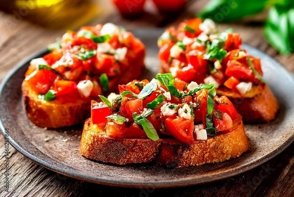 Fototapeta Fresh bruschetta is beautifully arranged on a dark plate, showcasing diced tomatoes, herbs, and cheese atop crispy bread slices. A warm, inviting atmosphere surrounds the dish