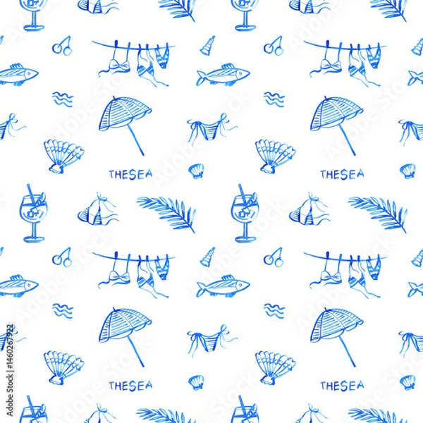 Fototapeta Stylish seamless beach pattern – sketchy illustrations of palm leaves, fish, seashells, umbrellas and sunny vacation mood