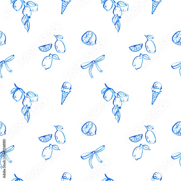 Fototapeta Seamless watercolor pattern with Italian gelato, citrus fruits, summer sweets – hand-drawn dessert design with Mediterranean vibe