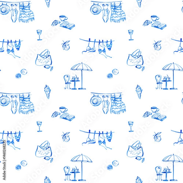 Fototapeta Seamless line art pattern with summer beach vibes – sketchy illustrations of La Dolce Vita mood, swimsuits, lemons, parasol, wine glass, coffee, croissant and book