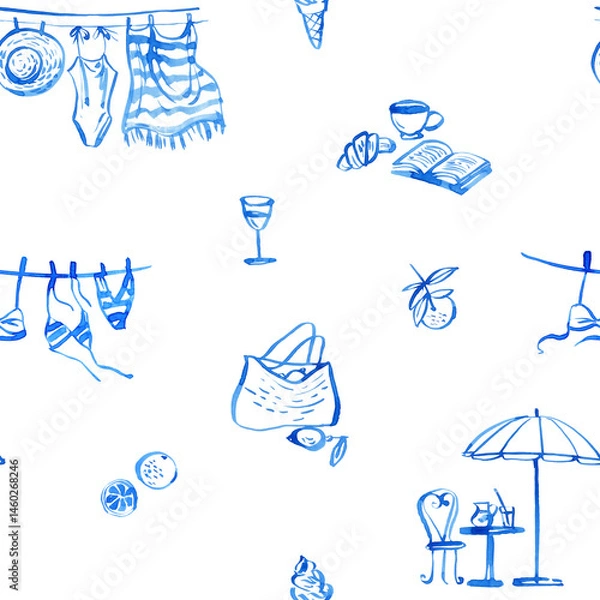 Fototapeta La Dolce Vita seamless pattern – aesthetic summer sketch with beach elements, lemons, wine, coffee, croissant, books and stylish relaxation