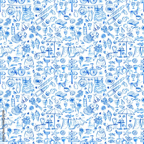 Fototapeta Hand-painted seamless watercolor pattern in La Dolce Vita style – light blue linear illustrations of beach scenes, lemons, swimwear, baguettes, books, picnics, bicycles and summer food