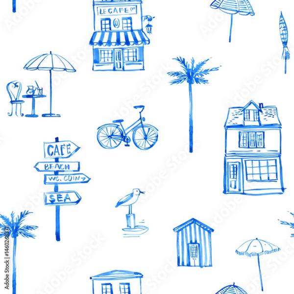 Fototapeta Stylish seamless pattern beach holiday, linear sketch illustrations. Bicycle, beach house, palm tree, seagull - hand drawn.
