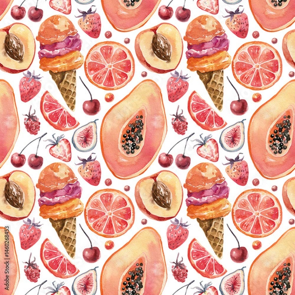 Fototapeta Bright tropical fruit pattern – seamless hand-painted watercolor with papaya, peach, grapefruit and ice cream in artistic sketch style