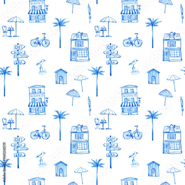 Fototapeta Seamless watercolor line art pattern with beach vacation vibes – hand-drawn umbrellas, cafés, bicycles, seagulls and coastal charm of California
