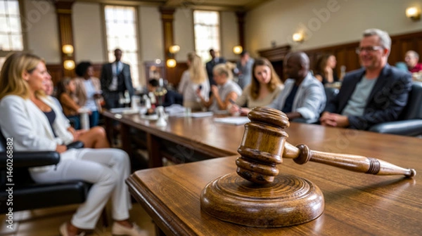 Fototapeta A judge's gavel sitting on top of a wooden table in front of a group of people