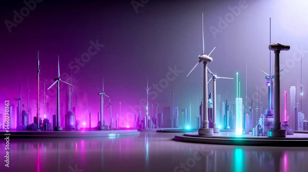 Fototapeta A futuristic city with windmills in the middle of the city
