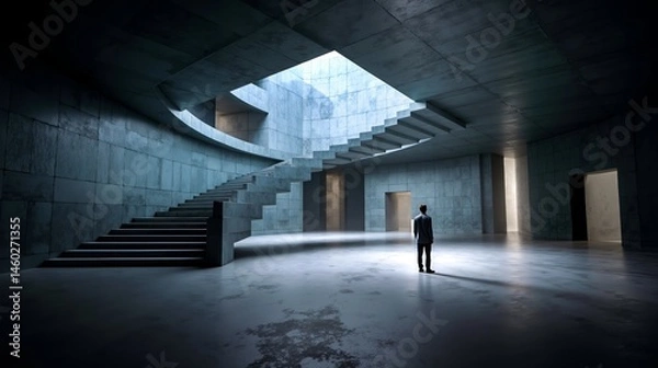 Fototapeta A man standing in an empty room with stairs in the background