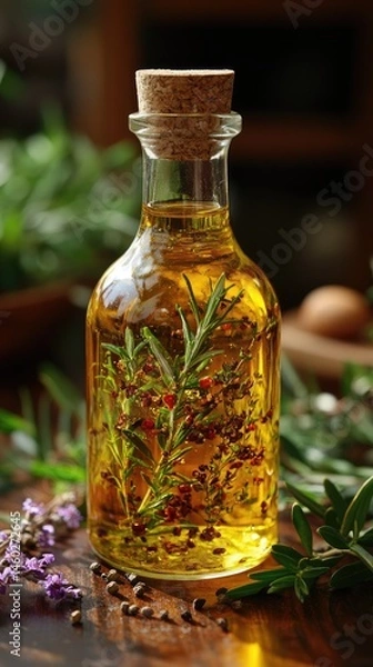 Obraz Olive oil: herbal infusion, Mediterranean essence, culinary treasure, golden richness, aromatic blend, gourmet ingredient, flavorful drizzle, delicate taste, infused creation, refined delicacy.