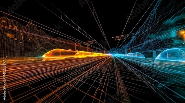 Fototapeta A train traveling through a tunnel at night