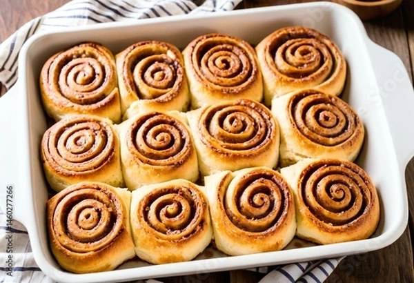 Fototapeta A baking dish filled with cinnamon rolls on top of a wooden table.