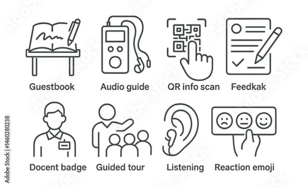 Fototapeta Line style icons of visitor interaction elements: guestbook table, audio guide device, QR info scan, feedback form icon, docent badge, guided tour group, listening earpiece, reaction emoji board.