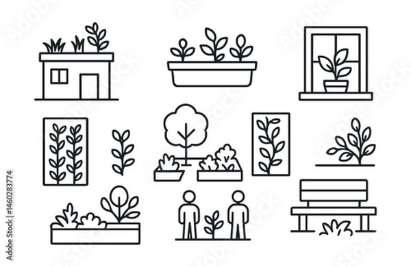 Fototapeta Line style icons of urban greening basics: rooftop garden icon, balcony planter box, potted plant on windowsill, climbing vine on wall, vertical garden panel, sidewalk tree planter, shared courtyard