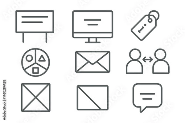 Fototapeta Line style icons of minimalist communication: clean announcement board, “1 screen = 1 message” rule, essential info only tag, color-coded clarity icon, no long emails badge, face-to-face over clutter