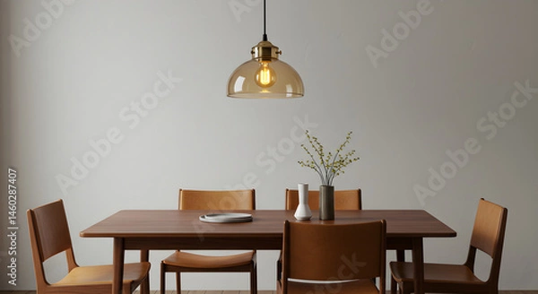 Fototapeta Elegant Dining Area With Warm Lighting Fixture And Minimalist Decor