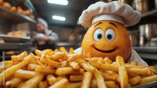 Obraz Personified potato character wearing chef hat presents large serving of golden french fries in kitchen setting, food service industry, on a transparent background, PNG image, PNG file.