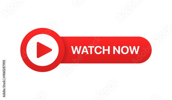 Fototapeta Watch Now video button or icon in vector format. Ideal for streaming platforms, YouTube thumbnails, video previews, call-to-action graphics, and digital media Graphic design.