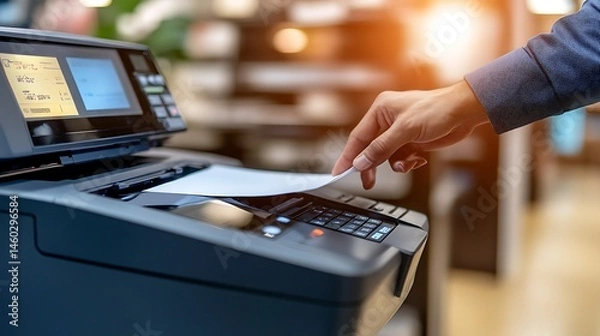 Fototapeta Office Worker Using Photocopier, A person using a photocopier to make copies in an office setting