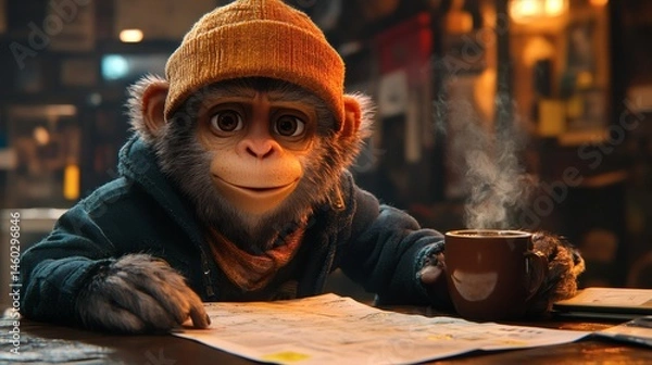 Fototapeta Monkey wearing a beanie and jacket studies a map while holding a steaming cup of coffee in a cafe setting, thoughtful pose on a transparent background, PNG image, PNG file.