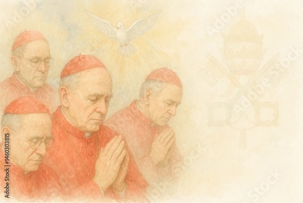 Fototapeta Cardinals praying for election of the new pope with the Holy Spirit in shape of a dove hovering over them and papal seal in the background with copy space for text