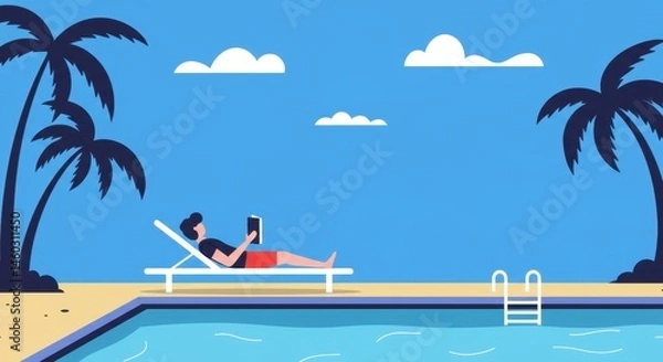 Fototapeta Relaxing Summer Day by the Pool: A Man Enjoys a Book in Tropical Paradise