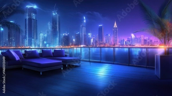 Obraz Relaxing sofa on terrace with cityscape view at night, for luxury vacation rental