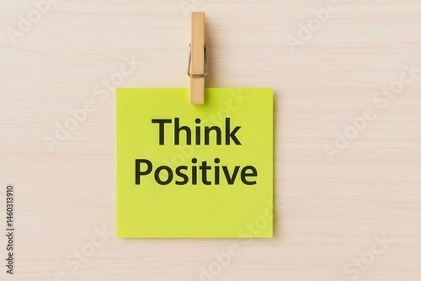 Fototapeta A bright yellow sticky note with the message "Think Positive," encouraging an optimistic mindset for a successful and happy life