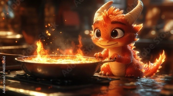Obraz Playful orange baby dragon cooks a bubbling pan of food on a stove with flames and sparks in a warm kitchen setting