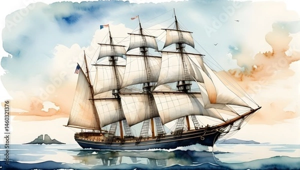 Fototapeta Majestic Three Masted Sailing Ship Navigating the Tranquil Open Waters under Vibrant Skies