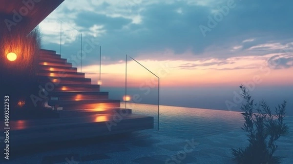 Obraz Scenic staircase leads to the ocean; dusk; calm water. Could be travel ad